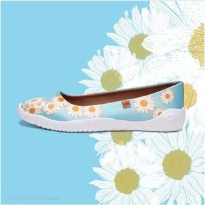 UIN Daisy Dew Menorca Ballet Flats Painted Silk Aqua Blue Floral Comfort Size 8‎